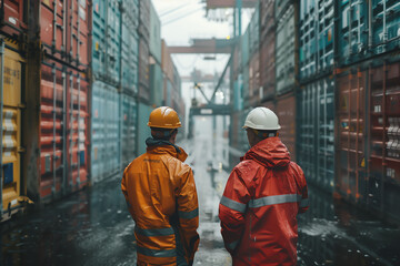 two workers at a loading dock supervising warehousing work and advancing logistics. - obrazy, fototapety, plakaty