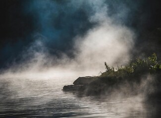 Misty dark river at night in the swamp