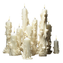 group of white melted candles  on a transparent background png isolated