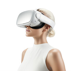 woman in white dress wearing virtual reality headset on a transparent background png isolated