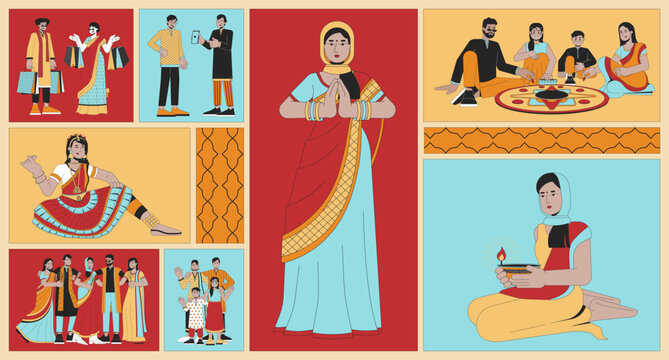 Multicultural diwali people bento grid illustration set. Hindu deepawali festival traditions 2D vector image collage design graphics collection. Ethnic wear indian flat characters moodboard layout