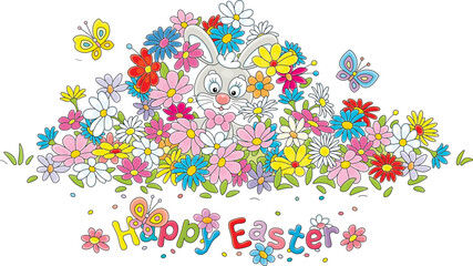 Fototapeta na wymiar Greeting card with a happy Easter bunny among colorful spring flowers and merry butterflies fluttering around a pretty flowerbed in a fairy garden, vector cartoon illustration