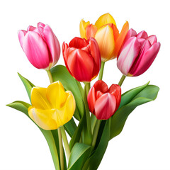 colorful tulips in a vase on a transparent background png isolated