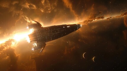 Obraz premium Sleek Fusion-Powered Vessel Exploring the Oort Cloud: A Journey Illuminated by Distant Sun