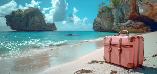 landscape view suitcase for a holiday with a sunny beach in the background