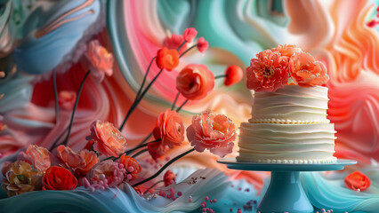 Three Tiered Cake With Flowers