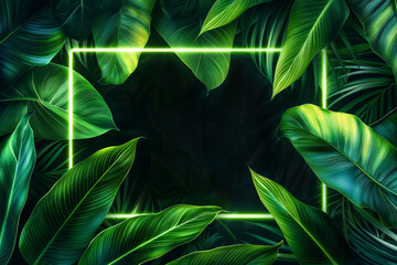 Green neon frame on dark leaves background - 750754262