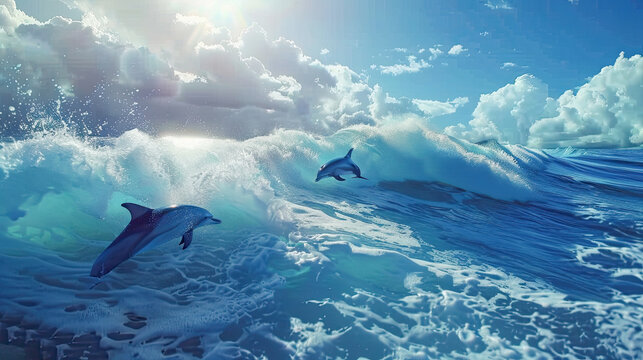 Playful dolphins jumping over breaking waves. Hawaii Pacific Ocean wildlife scenery. Marine animals in natural habitat. AI Generated.