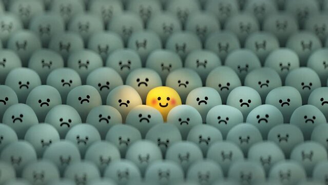 Happy emoticon is jumping out in the crowd of sad faces. Emojis are unique designed. 3D render animation