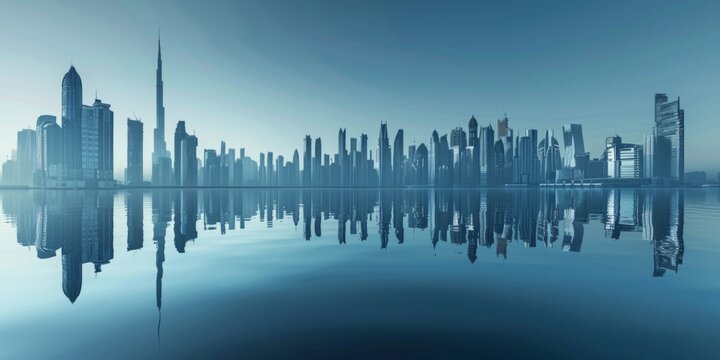 an image of a city with water reflecting buildings Generative AI
