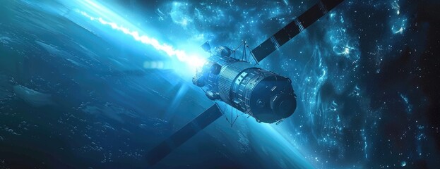 Spacecraft Trials Plasma Shield: Defending Against Solar Flares with Blue Glow Technology - obrazy, fototapety, plakaty