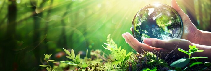 Hands Holding Globe Glass In Green Forest - Environment Concept world earth day, banner empty...