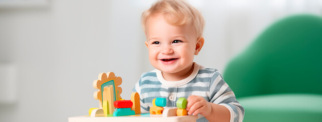 Smiling child, portrait against the background of the interior. Happy little boy with a toy, blond, pre-school age. Joyful handsome boy at home or in kindergarten. Banner