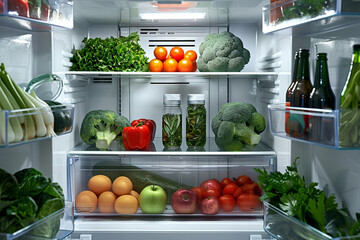 healthy food inside a refrigerator. open fridge full of food and vegetables