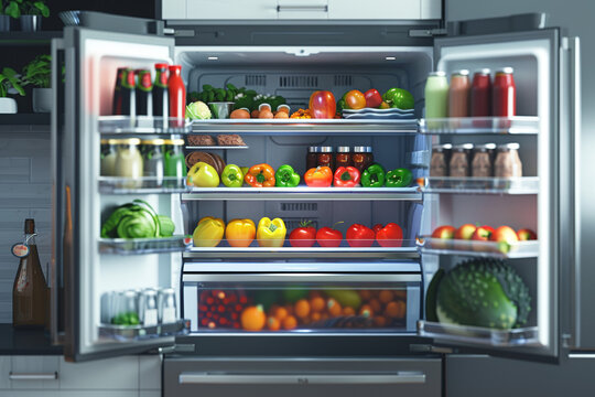 healthy food inside a refrigerator. open fridge full of food and vegetables