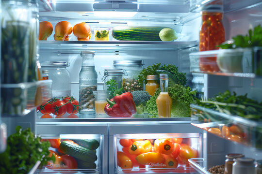 healthy food inside a refrigerator. open fridge full of food and vegetables