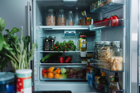 a kitchen refrigerator featuring a full set of food items, in the style of clear 
