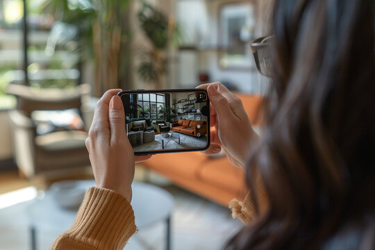 a woman holds her smart phone and takes a picture of a living room scene