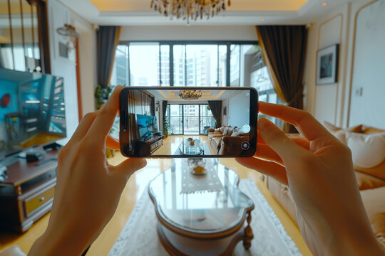 a woman is taking a photo on her smart phone of a living room,