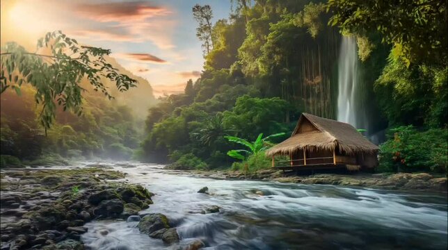 Bamboo hut with thatch roof on the river at sunset. Seamless looping time-lapse 4k video animation background