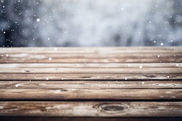 snow falling snow on a wooden surface - obrazy, fototapety, plakaty