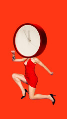 Contemporary art collage. Young woman in dress with clock instead of head jumping in mid-air against vibrant red background. Concept of business and work, creativity, inspiration, self-expression. Ad