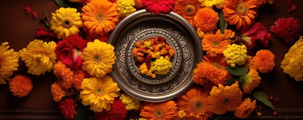 Vibrant Marigold Flowers Surrounding a Traditional Indian Thali - obrazy, fototapety, plakaty