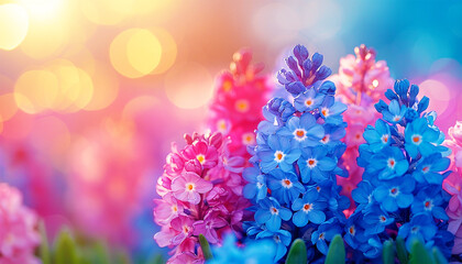 Large flower bed with multi-colored hyacinths, traditional Easter flowers, flower background,...