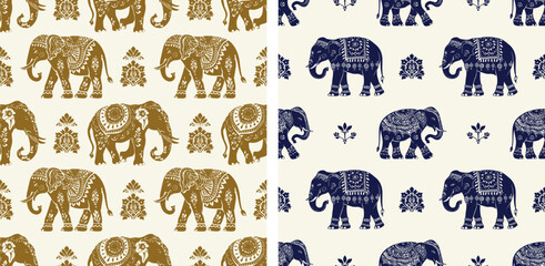 Boho Indian elephant vintage animal cute seamless pattern vector illustration set of 2 