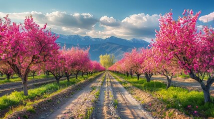 Dirt Road Surrounded by Trees With Pink Flowers