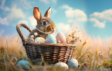 Little Bunny In Basket With Decorated Easter eggs in the grass with blue sky background.