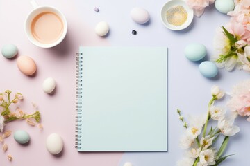 Naklejka na ściany i meble Open Notebook With Pastel Colored Eggs and Flowers
