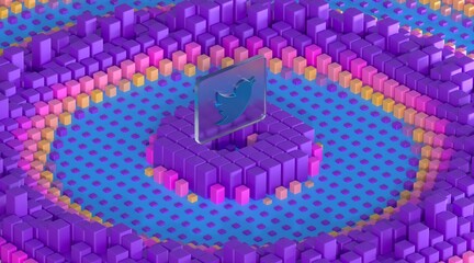 3D twitter logo with glass geometry shapes and purple cube background