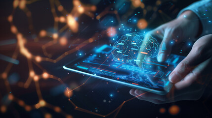 Interactive AI Brain Simulation
A hand interacts with a tablet displaying an intricate AI brain simulation, representing cutting-edge neural network analysis and machine learning.