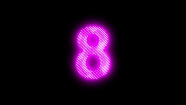  Video footage of Pink glowing Number Eight (8) neon icon. Looped Neon Lines abstract on black background.Laser Pictogram animation. Seamless loop. 4k video
