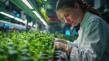 Woman Tending to Plants in Greenhouse - Powered by Adobe
