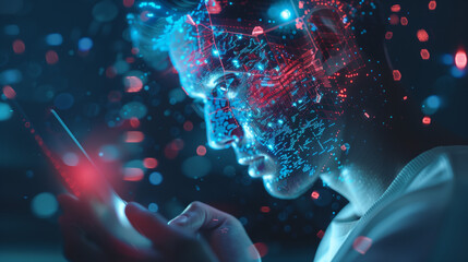 Cybernetic Data Analysis Visualization
A person is immersed in a cybernetic data analysis visualization, with a digital overlay mapping across their face, symbolizing advanced computing and AI interac