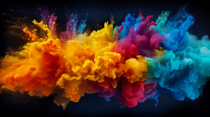 Obraz premium Ink colorful blend. Multicolored smoke splash on dark background. Neon pink yellow blue fluid splash on balck texture, creative abstract background.