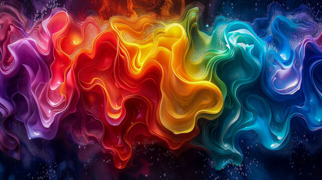 Abstract artwork inspired by 3D waves, with smoothly blending rainbow colors, harmonious symphony of shades, fluid and organic shapes,  fabulous atmosphere, digital illustration, modern, mesmerizing.
