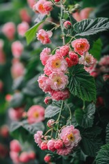 Obraz na płótnie Canvas Pink Flowers Bush With Green Leaves
