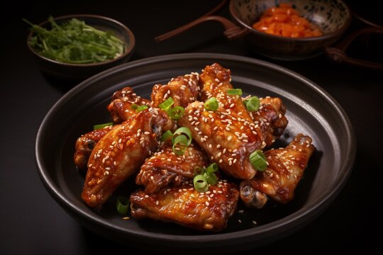 a plate of chicken wings with sesame seeds and green onions