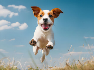 Cute Happy Dog running and jumping on green grass with Against Blue Sky background