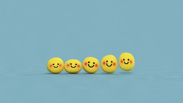 Group of happy smiley face characters are jumping. Animated emoticons are unique designed. Seamless loop 3D render animation