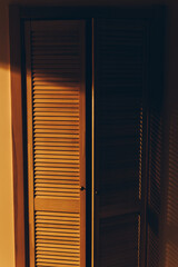 Mysterious shady wardrobe door illuminated by warm yellow lamp light. A concept of family secrets, crimes, truth, home invasion, and safety.