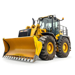 Yellow hydraulic loader isolated on white background. wide angle. front side view