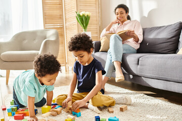 focus on cute african american boys playing toys with their blurred mother reading book on backdrop