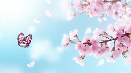 Pink Butterfly in Flight Over Tree With Pink Flowers