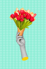 Vertical photo collage poster human arm hold flowers bouquet valentine day present springtime holiday celebrating red tulips