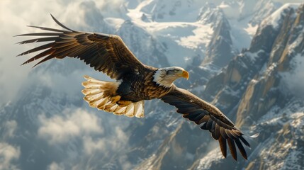 Obraz premium Bald Eagle Soaring Over Mountain Range