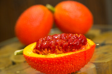 Gac fruit (Momordica cochinchinensis),is a species of plant in the melon and cucumber. It is notable for its vivid orange-reddish color resulting from its rich content of beta-carotene and lycopene.